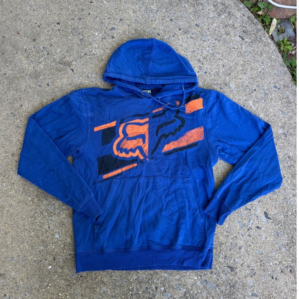 Fox Racing‎ Mens Blue Pullover Hoodie Orange Logo Graphic Sweatshirt Small